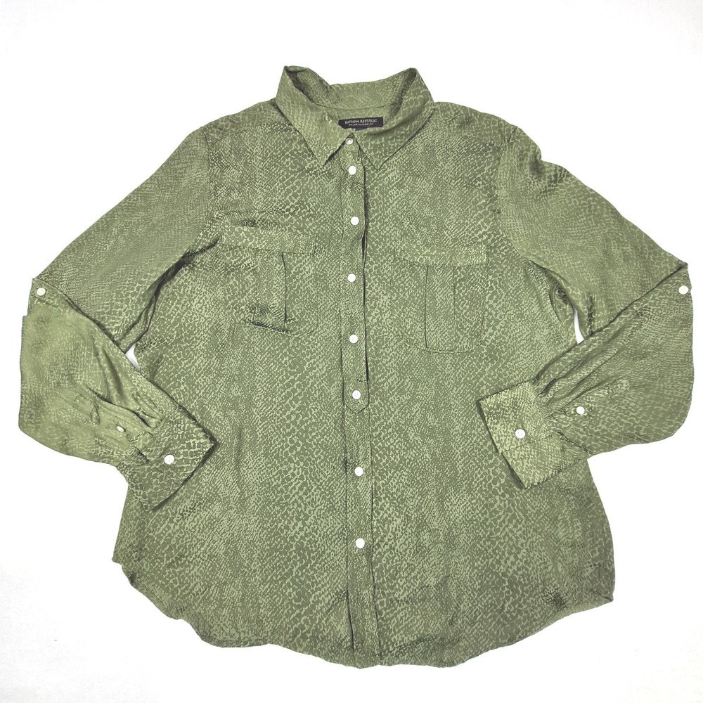 Banana Republic Blouse Womens Large Olive Green Snakeskin Dillon Utility 518637
